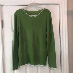NEW Ladies Sweater, green with white scalloped trim